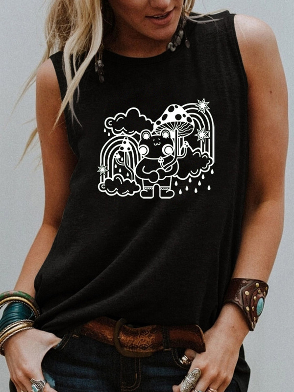 In Stock European and American women's Amazon ebay cartoon cute frog mushroom anime print sleeveless vest T-shirt In Stock European and American women's Amazon ebay cartoon cute frog mushroom anime print sleeveless vest T-shirt