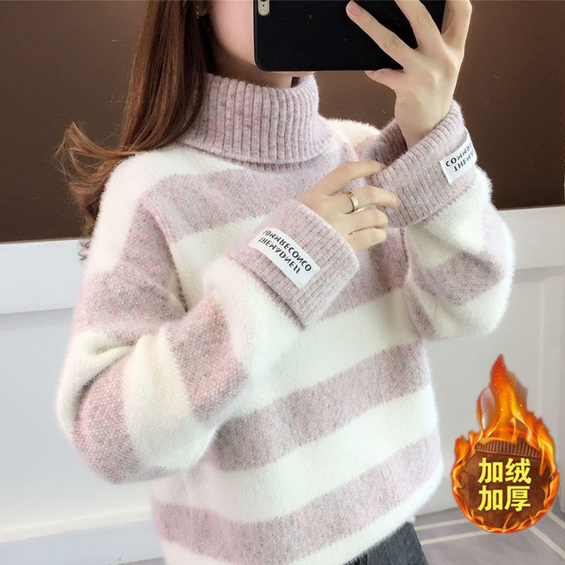 Autumn and Winter Women's Color-Blocked Striped Knit Sweater, Half-High Collar, Drop Shoulder, Loose Fit, Slimming, Everyday Pullover, Base Layer Top
