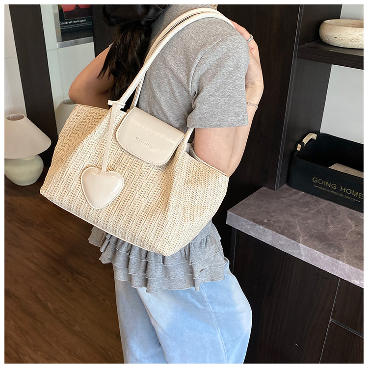 French niche straw woven large-capacity tote bag for women 2025 summer casual vacation beach woven single-shoulder bag trend undefined