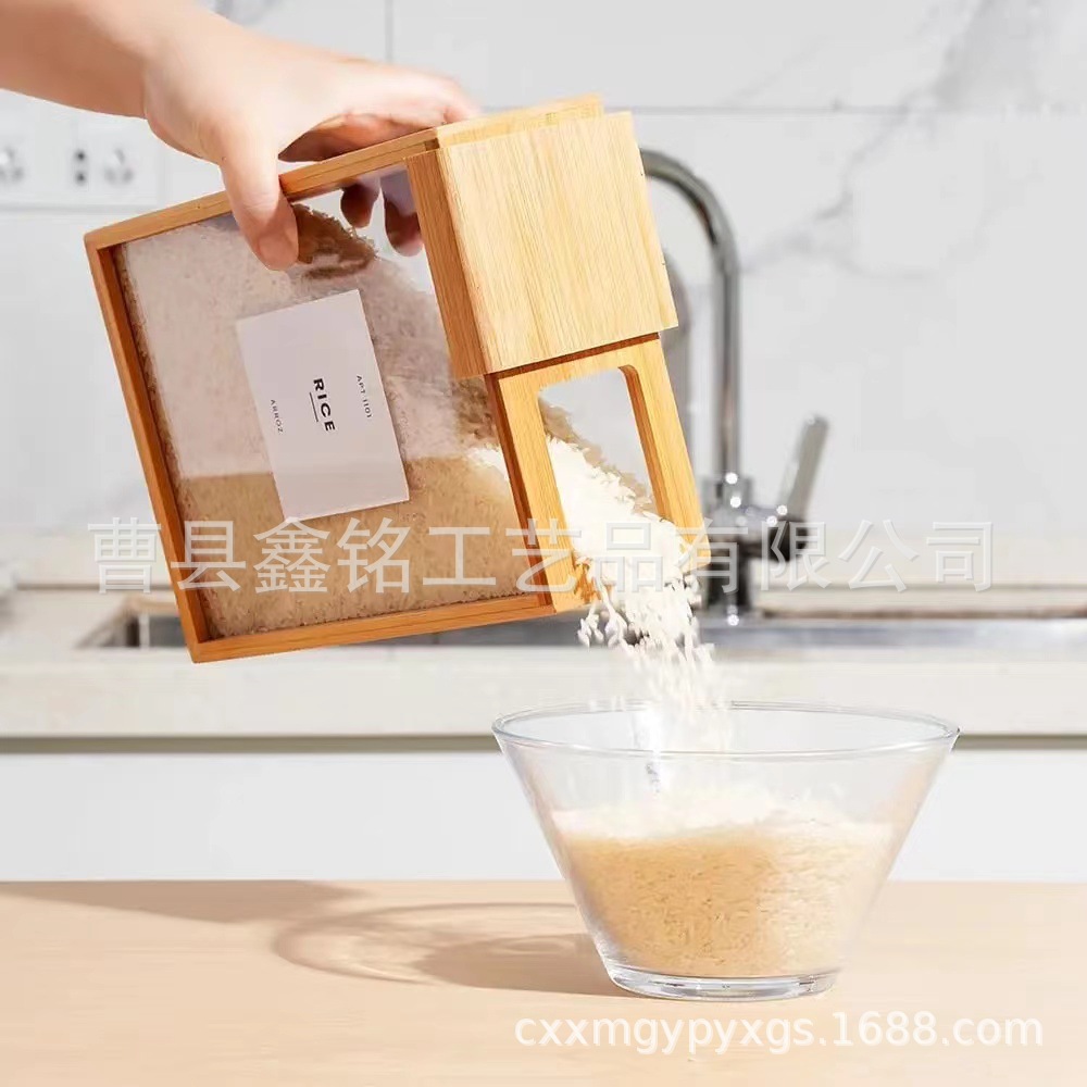 Caja de contenedores de almacenamiento de alimentos de madera doméstica caja de almacenamiento de granos de madera de bambú creativa simple dispensador de alimentos de madera sólida