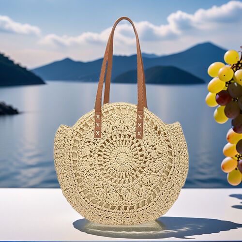 French round hollow woven bag, shoulder and hand-held woven bag, summer beach vacation sand bag, versatile tote bag