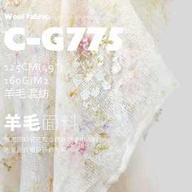 秋冬泼墨印松软花蝶立体绣针织绵羊毛面料服装连衣裙设计师布料