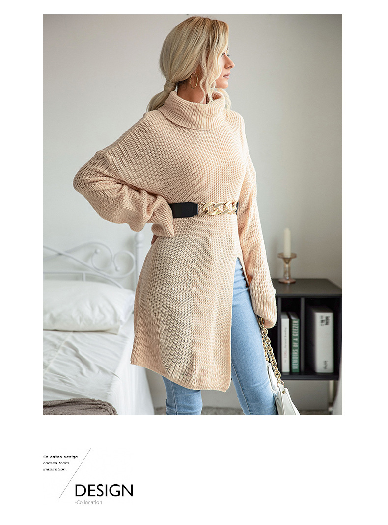 Apricot Turtleneck Slit Pullover Sweater NSYYF104799