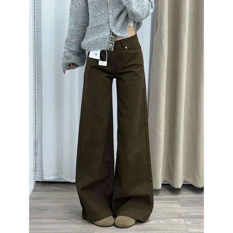 Coffee-Colored Low-Waist Flared Jeans for Women, New Autumn and Winter Style, Medela, Loose Fit, Slimming, Bootcut, Floor-Length Pants