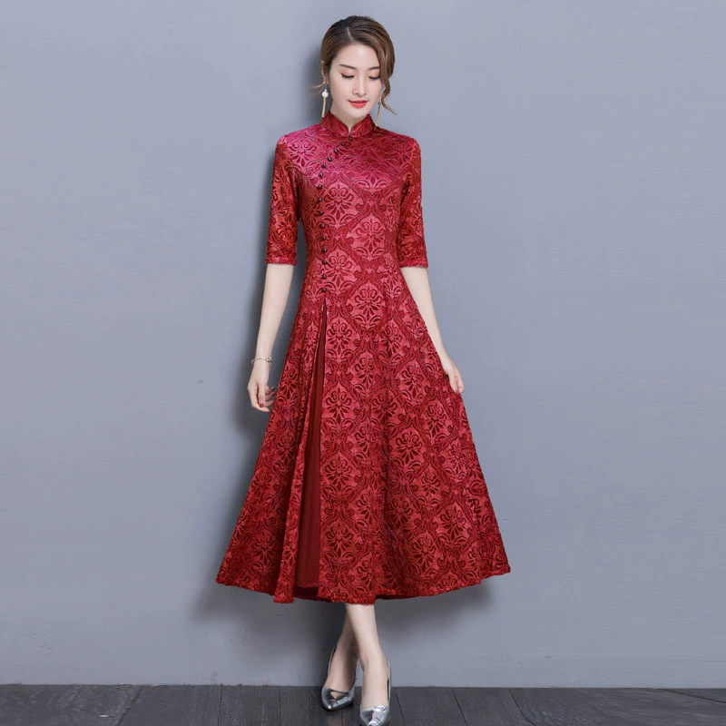 Весна и осень Средней длины Плюс Размер покрытие живота юбка в китайском стиле квадратный танец Новое улучшенное кружевное платье Чонсам женское