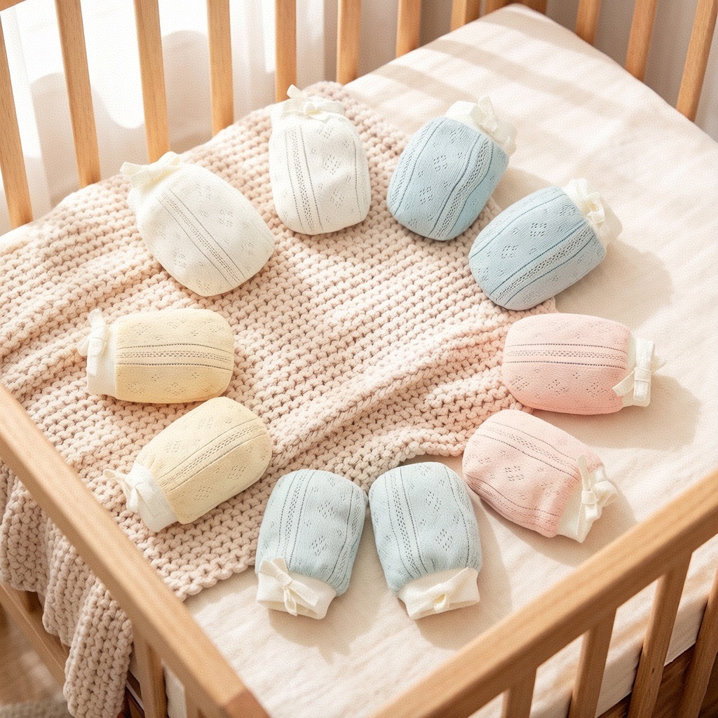 Cross-Border Home-Use Baby Anti-Scratch Gloves, Thin Ribbed Breathable Drawstring Anti-Slip Soft Cotton Small Gloves
