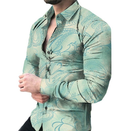 Spring Men's Digital Print Cashew Flower Striped Casual Long Sleeve Stand Collar Slim Shirt