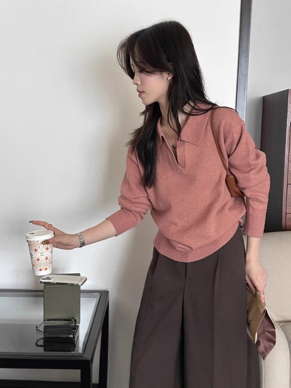 法式慵懒风POLO领时尚针织衫女秋冬新款高级感气质减龄打底衫毛衣|undefined