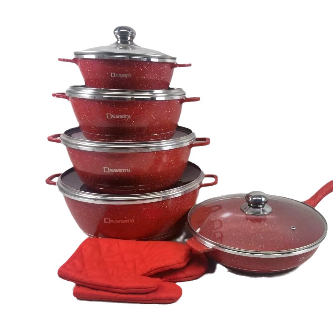 Olla antiadherente de aluminio Olla de sopa de arroz de trigo Olla de fundición a presión con tapa de vidrio coreana multifuncional Juego de ollas de cocina de 12 piezas