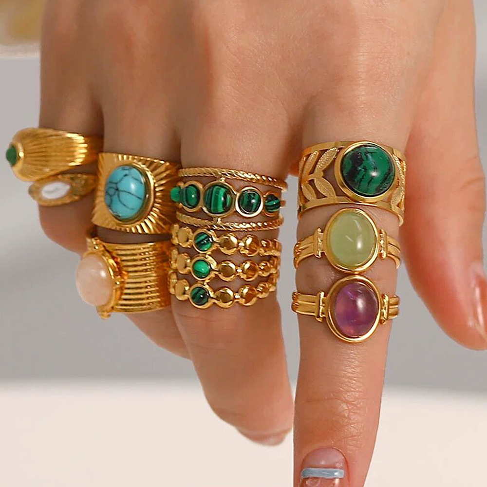 Anillo abierto de piedras preciosas retro francés Wanxing, anillo de acero de titanio con piedra natural estilo ins que no se decolora, joyería de alta gama