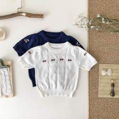 Cutemily Baby Girl Round Neck Turtleneck Knit Sweater with Twisted Rope, Nordic Style Cute Cherry Embroidered Knit Short Sleeve