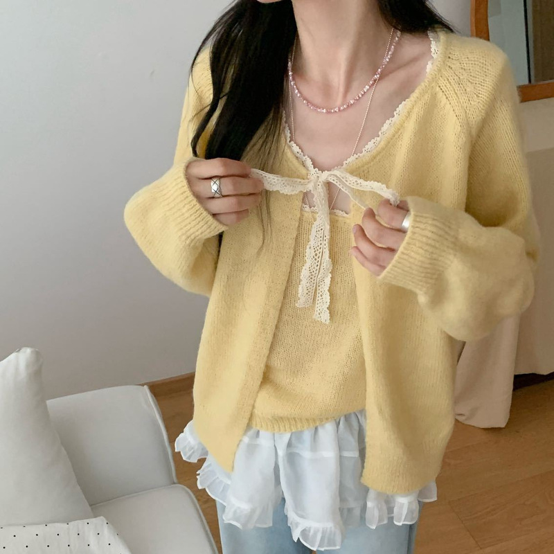 韩版百搭纯色长袖针织开衫女春秋季新款叠穿蕾丝花边毛衣吊带套装|undefined