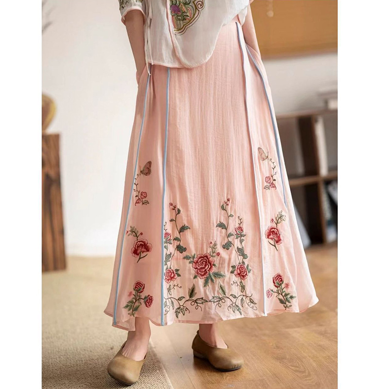 春夏中式新款民族风重工绣花松紧纯色国风半身裙过膝百搭中长裙女