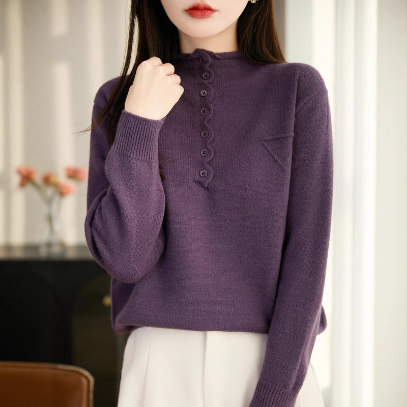 Triangular Logo Half-Button Long-Sleeved Lace Collar Embroider Details Work Clothing Sweet Knitted Autumn and Winter Elegant Tops Wholesale