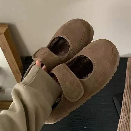 [Spot] Walnut color!Retro warm wool cotton single shoes for women wearing winter plus velvet beans and Mary Zhen shoes