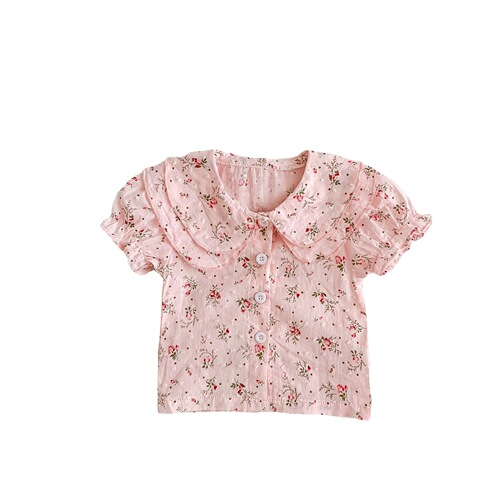 Girls floral shirts baby solid color baby doll collar summer short-sleeved T-shirts fashionable and versatile tops