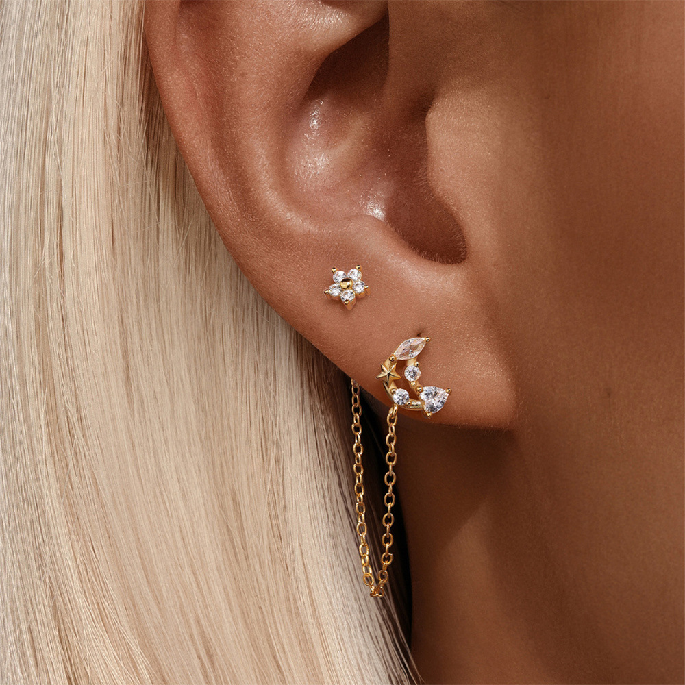1 Piece Quantity Daily Occasion 1 Piece 925 Sterling Silver Star Moon Flower Zircon Ear Studs
