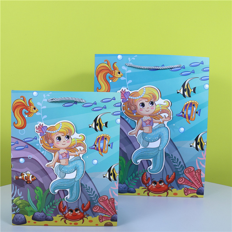海洋世界卡通禮品紙袋子大鯊魚美人魚白卡禮品手提袋潛水艇紙袋子