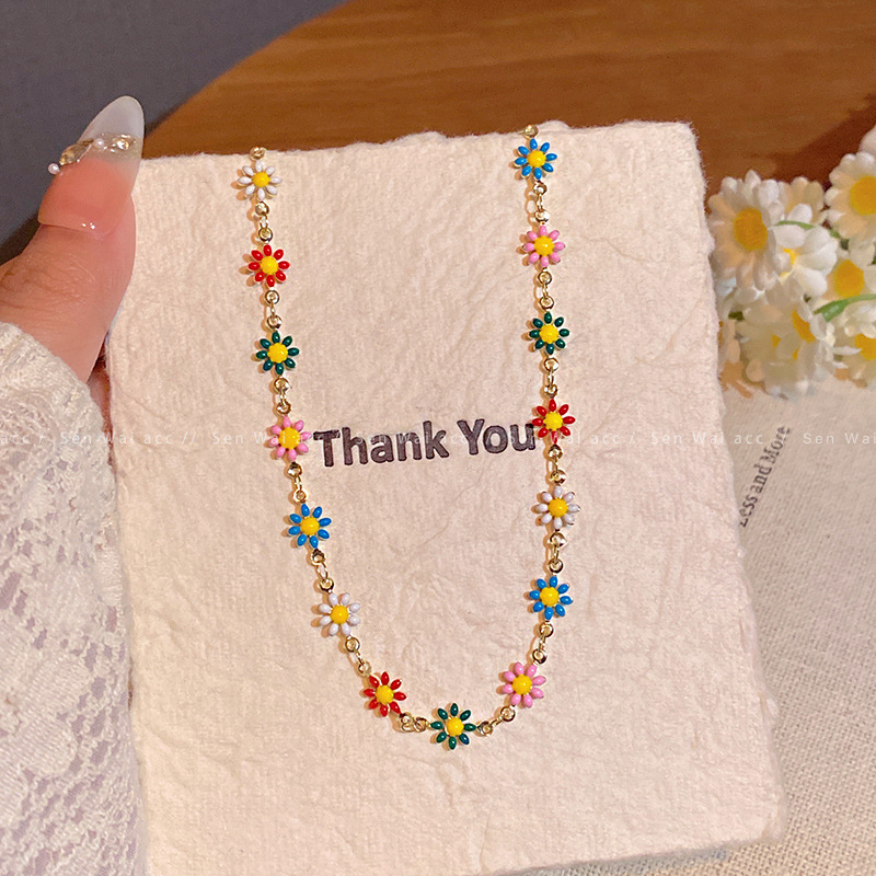 Dopamine Daisy Flower Necklace Bracelet Set Fresh Versatile Hot Girl Collarbone Chain Women's New Accessories