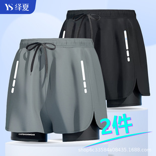 Hot swimming trunks men's anti-embarrassment increased new double-layer running fitness quick-drying leisure three-point pants swimming trunks