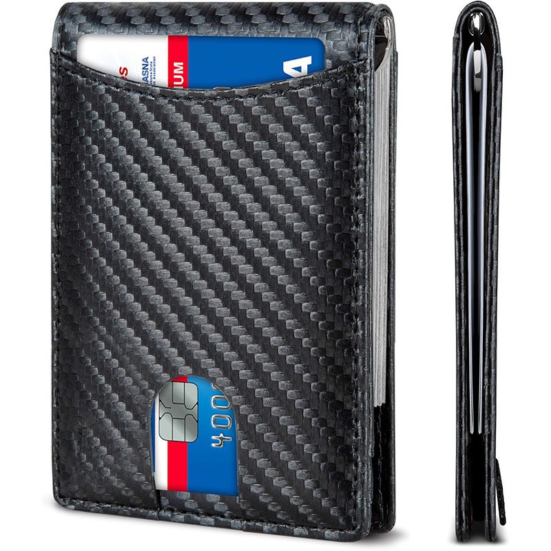Amazon ultra delgada fibra de carbono estampado clip multi-tarjeta anti-robo bolso de tarjeta de deslizamiento ultra-movimiento cartera de negocios cartera para hombres