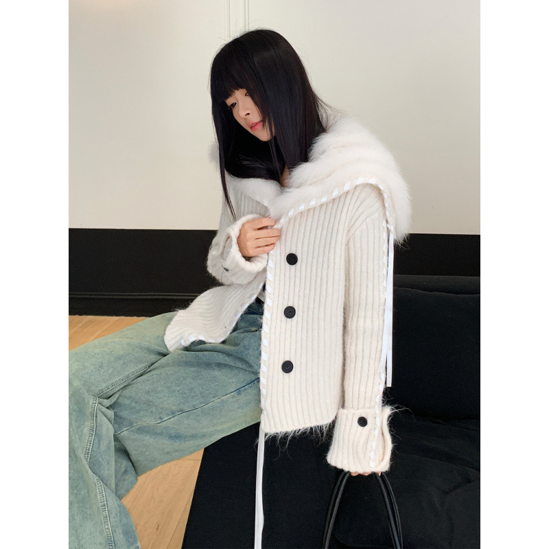 秋冬新慵懒风狐狸毛车条撞色织带毛衣女修身绒感翻领外套开衫显瘦|undefined