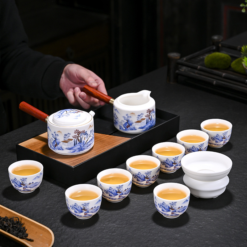 Suet-fat jade tea set large set white porcelain Kung Fu tea set side handle pot tea cup complete set light luxury high-end gift box