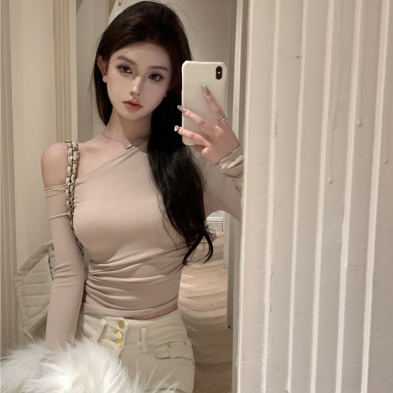 昕可达 斜肩抽褶露肩T恤女夏季内搭打底衫修身显瘦长袖针织上衣|undefined
