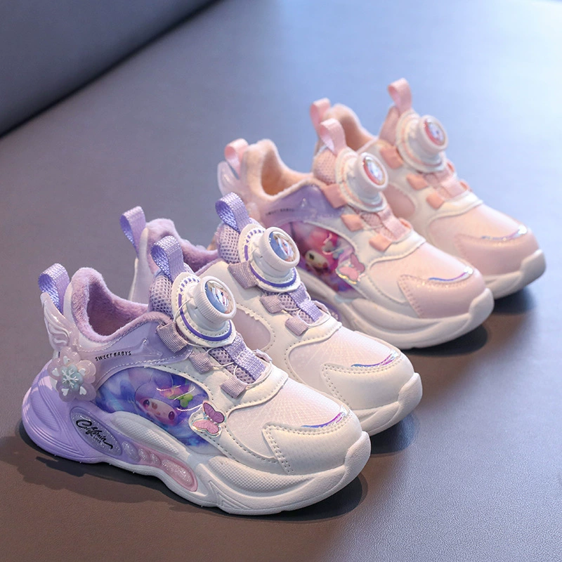 Детские кроссовки на флисовой подкладке с вращающейся застежкой, зимние 2025, для девочек, в стиле колор-блок, повседневные, для детей младшего, среднего и старшего возраста, для бега