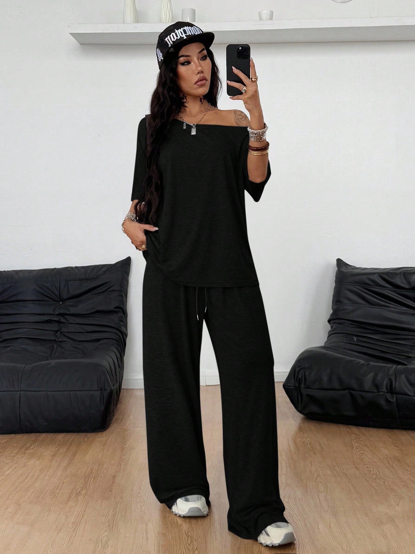 2026 Women's Casual Solid Color Oblique Neck Wide Leg Pants Set Sports Two-piece Set Loose Pants_ecoleips.com