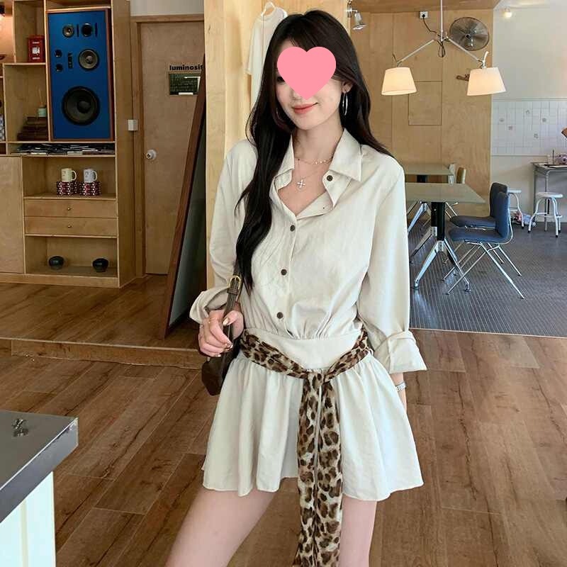 2025 New Autum Style Collar Long-Sleeved Shirt Dress Women's Commuter Leopard Print Ribbon Waist Short Skirt