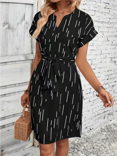 2025 Summer New Arrival European and American Style Cross-Border Elegant Printed V-Neck Batwing-Sleeve Waist-Slimming Dress