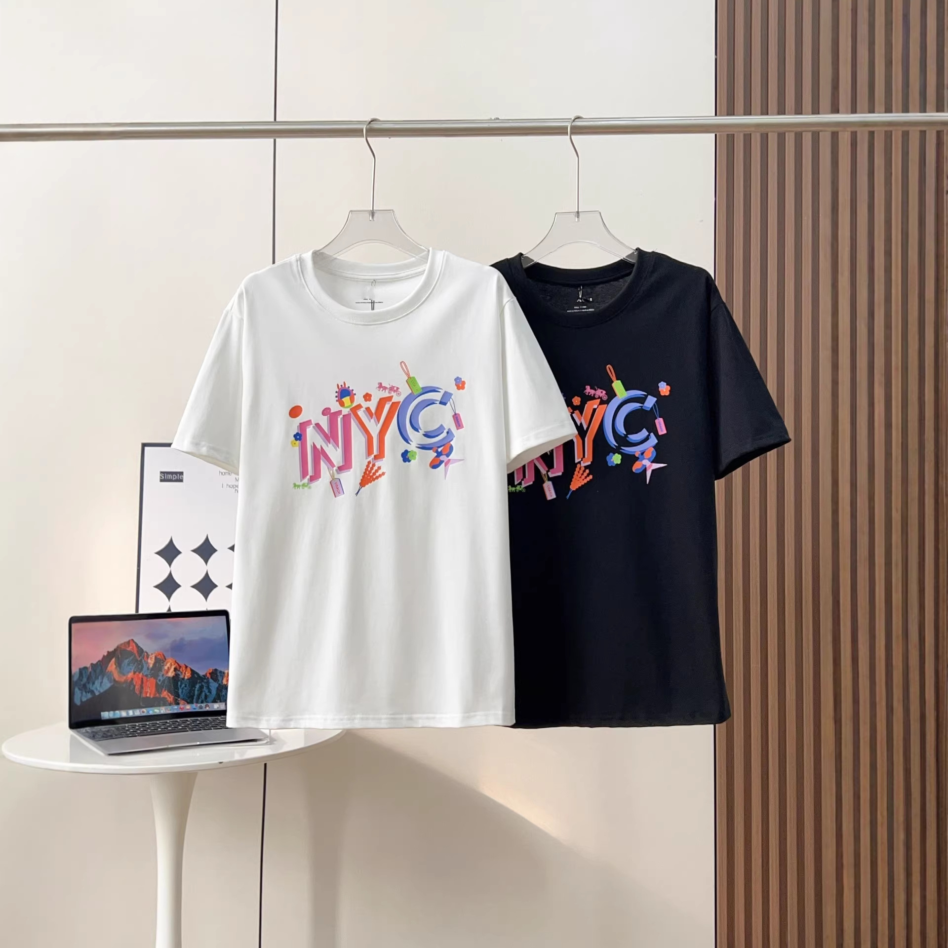 ch蔻家2026 New NYC Letter Print T-Shirt, Unisex Cotton Trendy Brand Couple Style Round Neck Short Sleeve