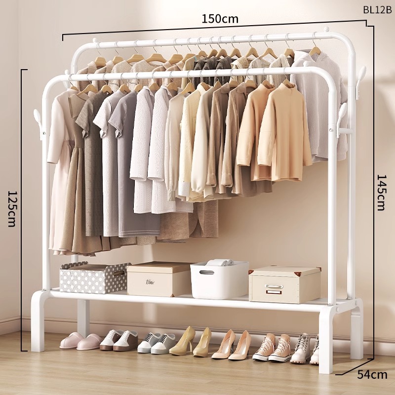 150cm 흰색 [이중 극 + 단층 수납 + 코트 후크] 두꺼운 파이프 직경