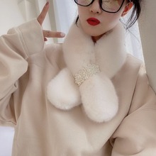 珍珠围巾懒兔新款秋冬季韩版加厚保暖毛绒绒围脖少女百搭交叉围巾
