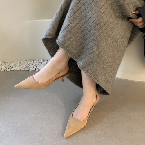 Velvet high heels, stiletto heels, pointed toe toe sandals, women's shoes, French style 2024 new summer elastic band back empty shoes