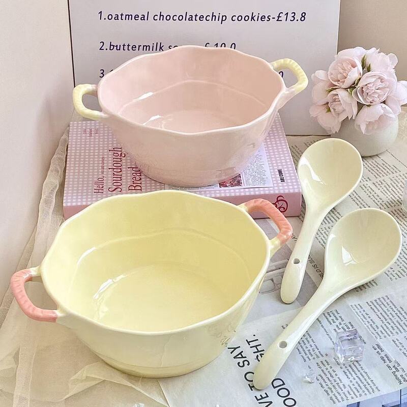 Candy-Colored Ceramic Double-Handle Soup Pot for Home Use, High-Temperature Resistant, Single-Serving Instant Noodle Ceramic Tableware Set