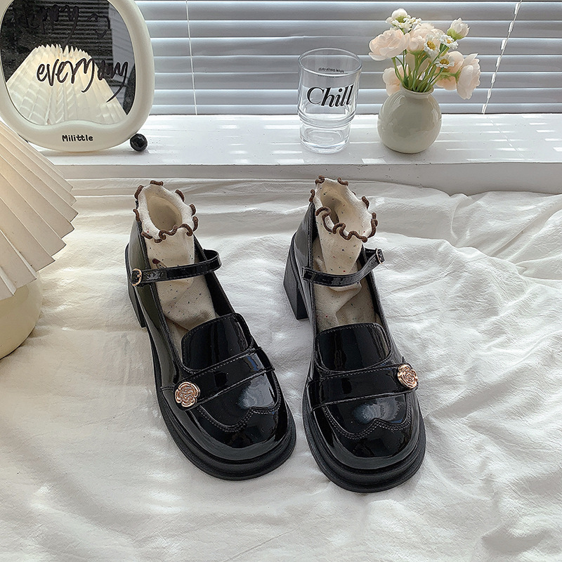 ~French-Style New Black Camellia Loafers Mary Jane Shoes for Women with Internal Height Increase, Round Toe, and Single Strap