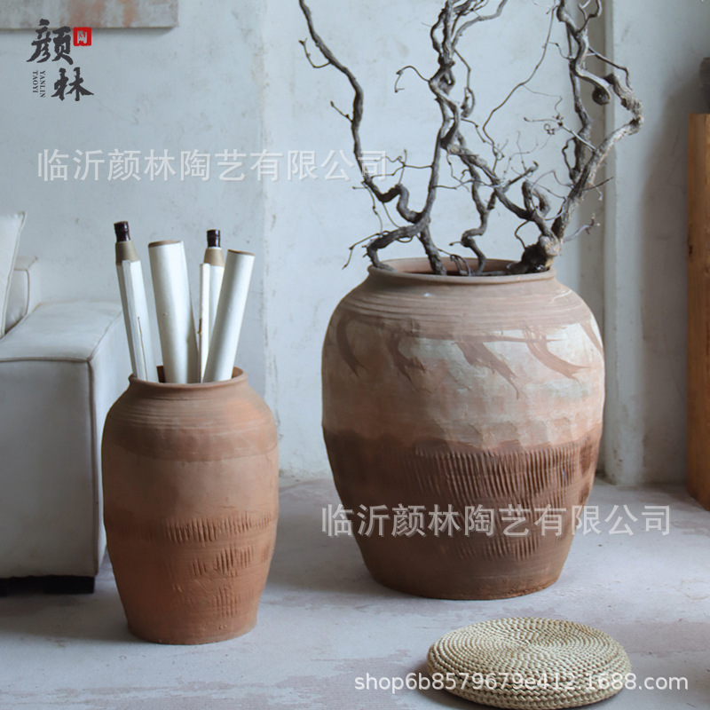 Hecho a mano vasijas de cerámica de tierra combinación de vasijas de cerámica Zen antiguo arte chino decoración de vivienda de cerámica gruesa