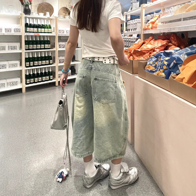 Plus Size American High-Waisted Light-Colored Cropped Jeans for Women Summer Thin Loose Wide-Leg Washed Denim Casual Mid-Pants Plus Size American High-Waisted Light-Colored Cropped Jeans for Women Summer Thin Loose Wide-Leg Washed Denim Casual Mid-Pants