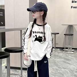女童长袖t恤洋气时尚蝴蝶结大童百搭休闲宽松打底衫儿童春秋上衣