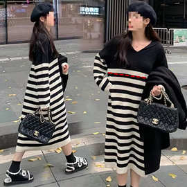 K4H哺乳装新款秋冬新韩版慵懒风宽松条纹长款哺乳针织连衣裙