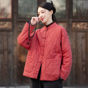 25 Winter New Style Literary Retro Stand Collar Rhombus Plaid Button Cotton Jacket Women's Loose Quilted Warm Cotton and Linen Short Cotton Jacket