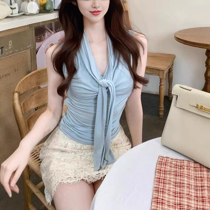 Hot Dog Is Very Spicy, Sakura Spring Song, Korean Style, Gentle Temperament, Versatile Tie Vest Top for Women