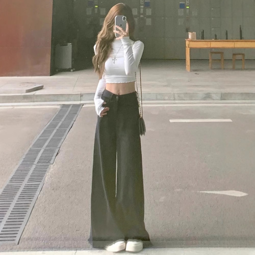 American Retro High-Waisted Wide-Leg Denim Jeans for Women - Summer Loose Slimming Flowy Black Fringe Floor-Length Pants