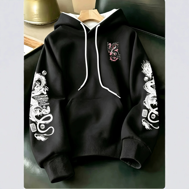 American-style loose casual fleece-lined hooded sweatshirt with dragon print + 'centennial wisdom' in English and Japanese-style national trend double buff American-style loose casual fleece-lined hooded sweatshirt with dragon print + 'centennial wisdom' in English and Japanese-style national trend double buff