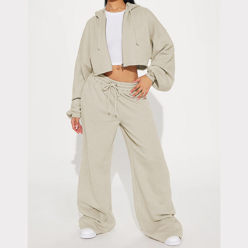 Vêtements pour femmes automne femmes décontracté à capuche devant zip pull jambe large pantalon ample costume_voghion.com