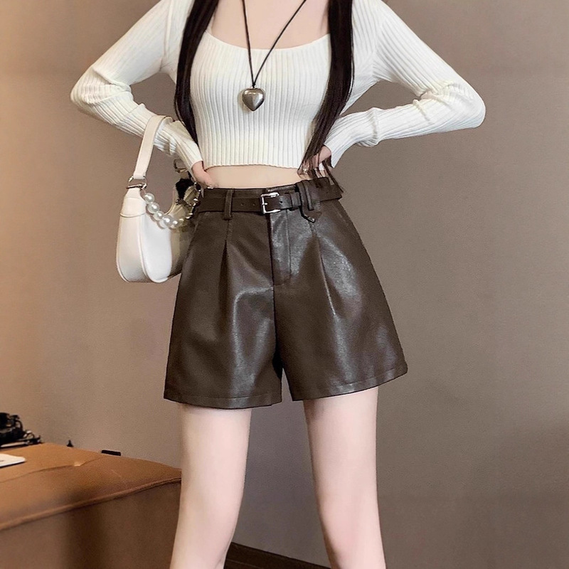 High-Waisted Pu Leather Shorts Women's Summer New Bare-Leg Artifact A-Line Straight Casual Pants Korean Style Leggings Boot Shorts