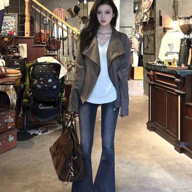 美式复古甜酷辣妹麂皮绒夹克女春秋季新款修身机车大翻领短款外套|undefined