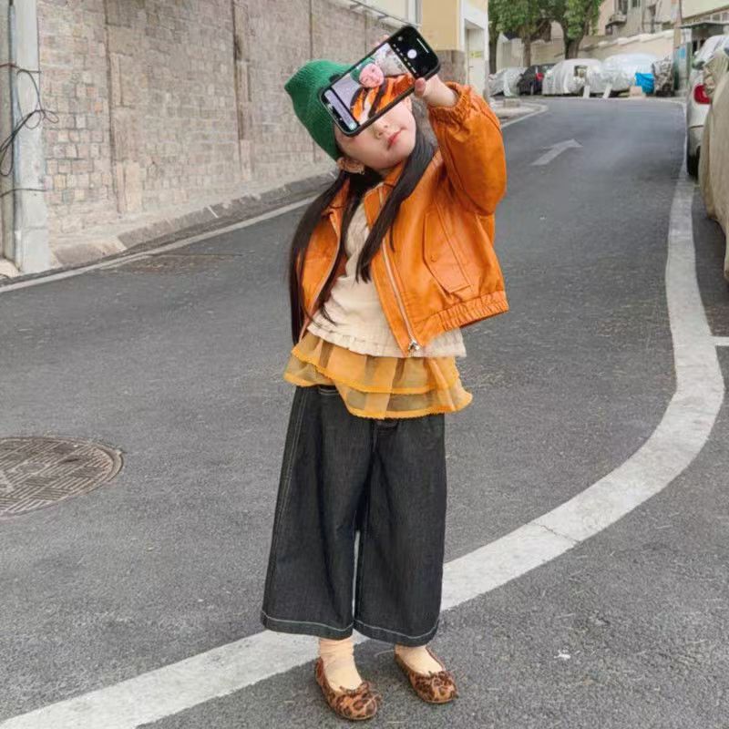 Children's Outwear Autumn Clothing 2025 New Style Girls Fashionable Motorcycle Leather Jacket Baby Korean Suit Jacket Top